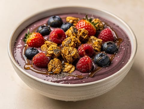 Bol de granola con açaí y frutos rojos