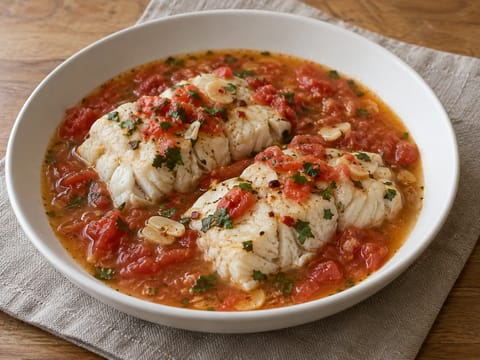 Acqua Pazza (ψάρι ποσέ σε ζωμό ντομάτας και λευκού κρασιού) Acqua Pazza (ψάρι ποσέ σε ζωμό ντομάτας και λευκού κρασιού)