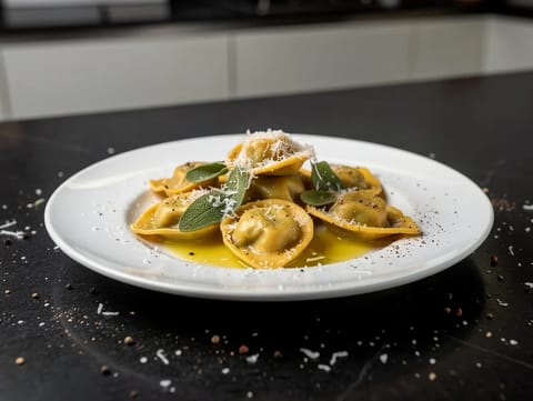 Agnolotti dal Plin al Burro e Salvia (täytetty pasta voilla ja salvialla) Agnolotti dal Plin al Burro e Salvia (täytetty pasta voilla ja salvialla)