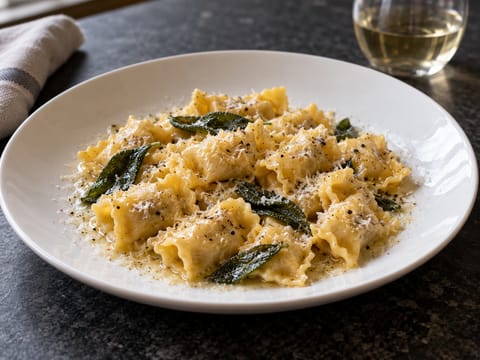 Agnolotti dal Plin al Burro e Salvia (massa recheada com manteiga e sálvia) Agnolotti dal Plin al Burro e Salvia (massa recheada com manteiga e sálvia)