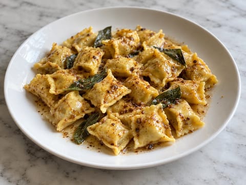 Agnolotti del Plin (fyldt pasta med brunet smør og salvie) Agnolotti del Plin (fyldt pasta med brunet smør og salvie)