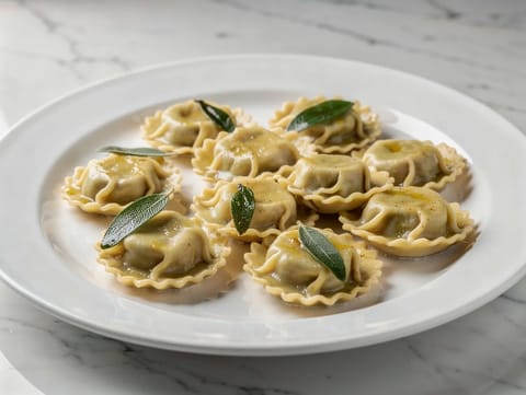 Agnolotti del Plin (Gevulde pasta met beurre noisette en salie) Agnolotti del Plin (Gevulde pasta met beurre noisette en salie)