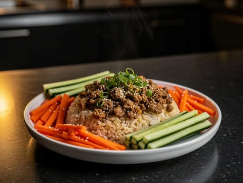 Taça de arroz com carne de vaca na air fryer