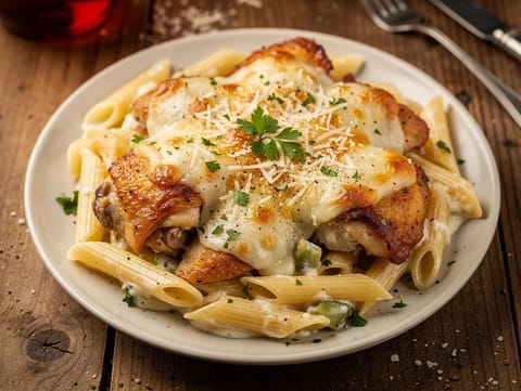 Pasta al forno Alfredo con pollo in friggitrice ad aria