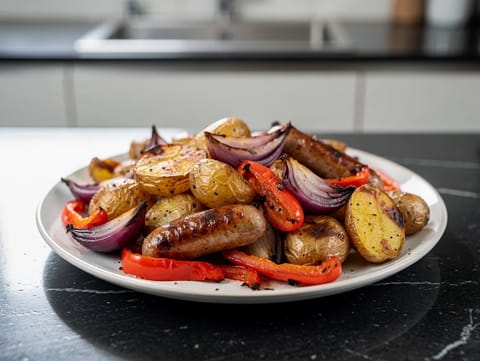 Assado de salsichas e legumes na air fryer