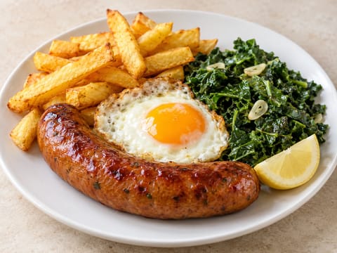 Alheira de Mirandela (portugiesische Wurst mit Ei, Pommes und Blattgemüse) Alheira de Mirandela (portugiesische Wurst mit Ei, Pommes und Blattgemüse)