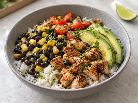 Kylling-burritobolle med ris, svarte bønner og avokado Kylling-burritobolle med ris, svarte bønner og avokado