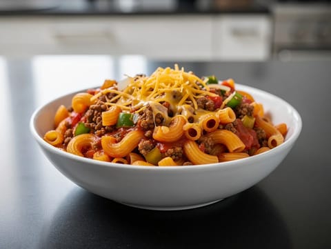 American Chop Suey (macarrones en una sola olla con ternera picada y cheddar)