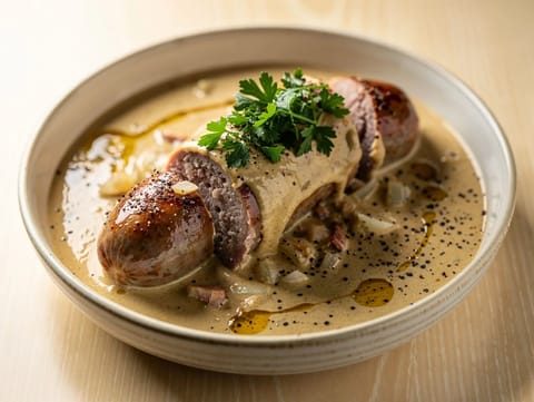 Andouillette με κρεμώδη σάλτσα μουστάρδας Dijon
