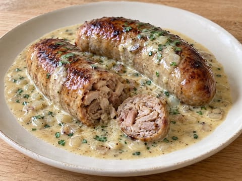 Andouillette s krémovou dijonskou hořčičnou omáčkou Andouillette s krémovou dijonskou hořčičnou omáčkou