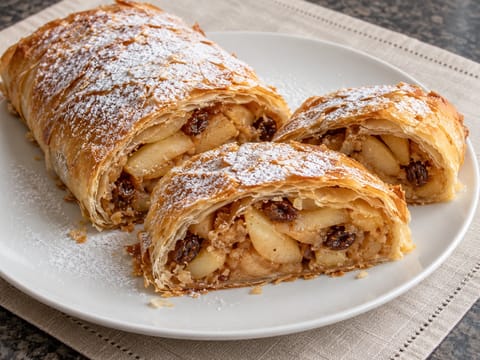 Apfelstrudel (omenastruudeli kanelilla, rusinoilla ja sitruunalla) Apfelstrudel (omenastruudeli kanelilla, rusinoilla ja sitruunalla)