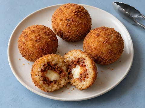 Arancini al Ragù (biluțe de orez prăjite cu ragù de vită și mozzarella)