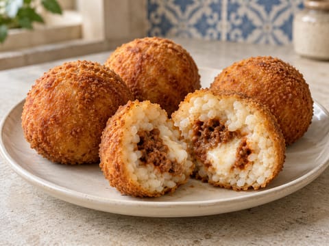 Arancini di Riso al Ragù (bolinhos de arroz fritos com ragù de carne e mozzarella)