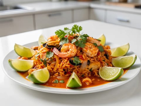 Arroz a la Tumbada (mexikói paradicsomos rizs tenger gyümölcseivel)