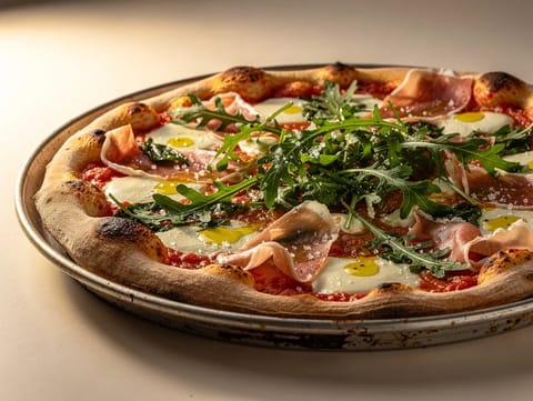 Pizza au prosciutto et à la roquette avec mozzarella et sauce tomate