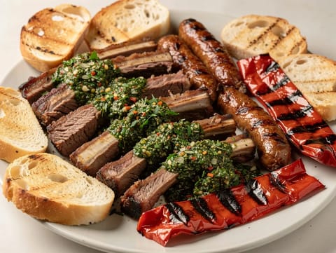 Asado Feast (grilovaná hovězí žebra a vepřové klobásy s chimichurri) Asado Feast (grilovaná hovězí žebra a vepřové klobásy s chimichurri)