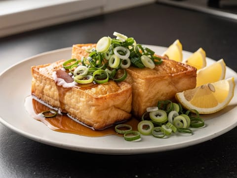 Atsuage Tofu Steak (χοντρό τόφου ροδισμένο στο τηγάνι)