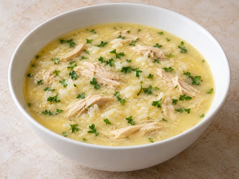 Sopa Avgolemono (frango grego, arroz, ovo e limão) Sopa Avgolemono (frango grego, arroz, ovo e limão)
