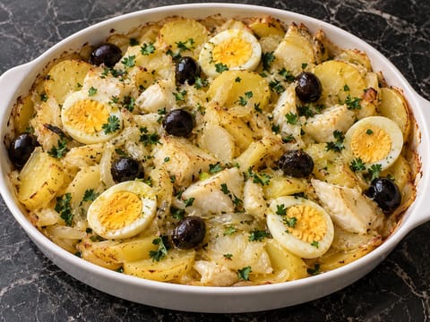 Bacalhau à Gomes de Sá (portugiesischer Auflauf mit gesalzenem Kabeljau) Bacalhau à Gomes de Sá (portugiesischer Auflauf mit gesalzenem Kabeljau)