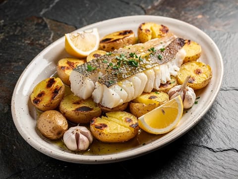Bacalhau à Lagareiro (Ovnsstekt klippfisk med hvitløk og olivenolje) Bacalhau à Lagareiro (Ovnsstekt klippfisk med hvitløk og olivenolje)