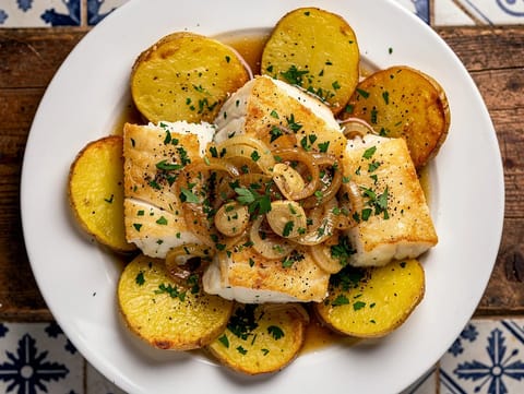 Bacalhau à Minhota (Baccalà con cipolle e patate fritte)