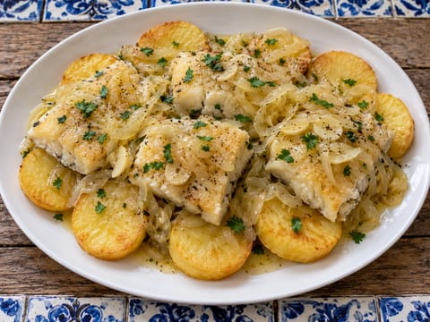 Bacalhau à Minhota (suolaturskaa sipulilla ja paistetuilla perunoilla) Bacalhau à Minhota (suolaturskaa sipulilla ja paistetuilla perunoilla)