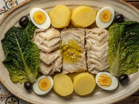 Bacalhau da Consoada (solená treska s bramborami, zelím a vejci)