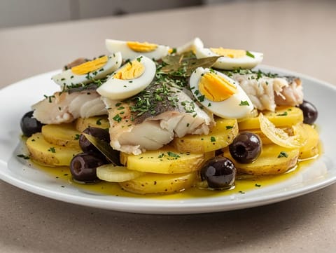 Bacalhau no Forno (ugnsbakad salt torsk med potatis och oliver)