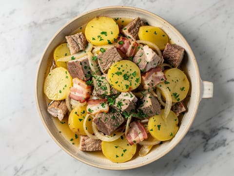 Baeckeoffe Alsacien (Elzasser stoofpot met vlees en aardappelen) Baeckeoffe Alsacien (Elzasser stoofpot met vlees en aardappelen)