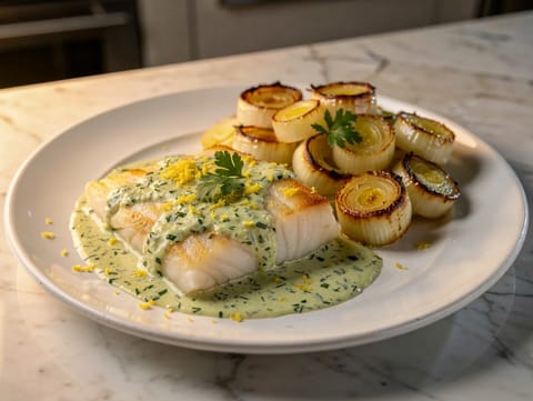 Bagt torsk med persillesauce og smørstegte porrer