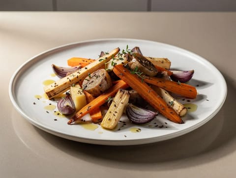 Legumes de raiz nórdicos assados com tomilho e cominhos Legumes de raiz nórdicos assados com tomilho e cominhos