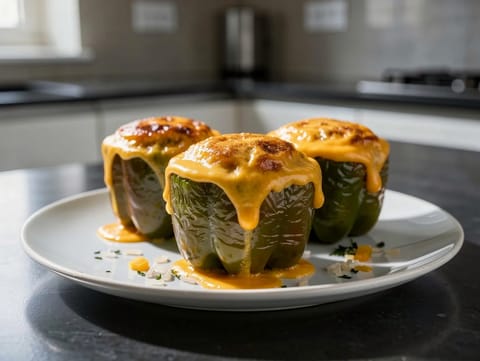 Kıymalı, Pirinçli ve Cheddar’lı Fırında Dolmalık Biber