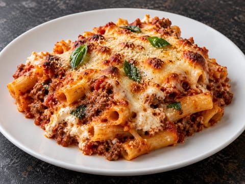 Ziti assado ao estilo americano com carne de vaca picada Ziti assado ao estilo americano com carne de vaca picada