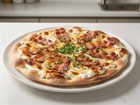 Bayersk fladbrød med crème fraîche, bacon og løg Bayersk fladbrød med crème fraîche, bacon og løg