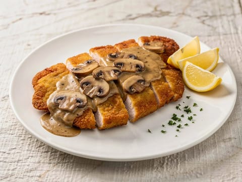 Schnitzel de porco bávaro com molho cremoso de cogumelos