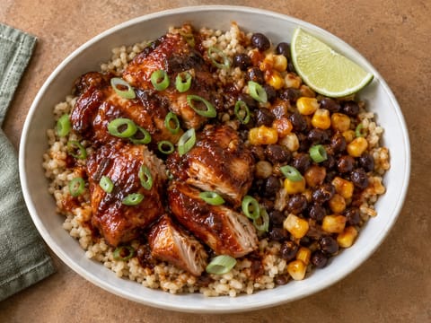 BBQ chicken bowl met zilvervliesrijst en zwarte bonen BBQ chicken bowl met zilvervliesrijst en zwarte bonen