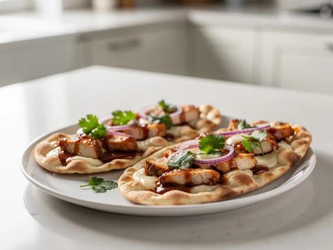 Flatbread au poulet BBQ avec mozzarella et oignon rouge Flatbread au poulet BBQ avec mozzarella et oignon rouge