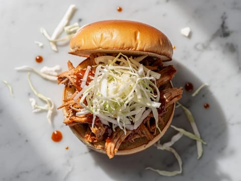 Sandwich di pulled chicken BBQ con coleslaw all’aceto Sandwich di pulled chicken BBQ con coleslaw all’aceto
