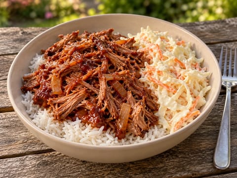 BBQ miska s trhaným vepřovým, rýží a coleslaw BBQ miska s trhaným vepřovým, rýží a coleslaw