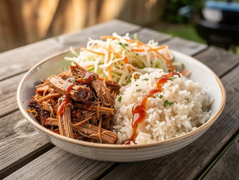 BBQ pulled pork bowl con riso e coleslaw BBQ pulled pork bowl con riso e coleslaw