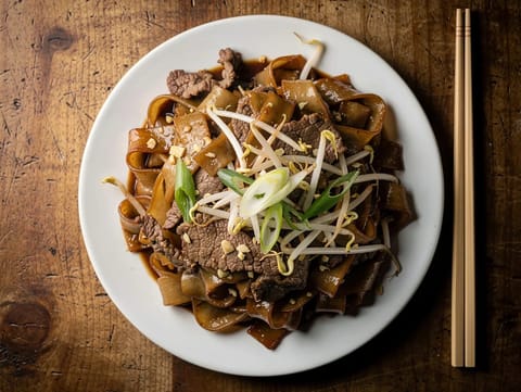 Beef Chow Fun (gebratene Reisnudeln)