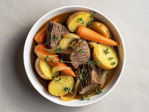 Assado de panela de vaca com cenouras e batatas