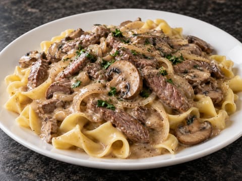 Hovězí stroganov po americku (krémová houbová omáčka) Hovězí stroganov po americku (krémová houbová omáčka)