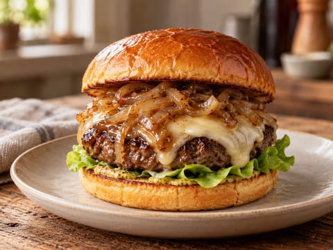 Belgisk ølburger med løg-pandesauce Belgisk ølburger med løg-pandesauce
