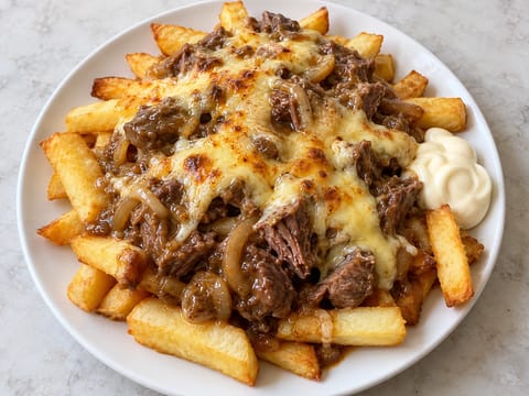 Beladene belgische Pommes mit Rinderschmortopf und Cheddar Beladene belgische Pommes mit Rinderschmortopf und Cheddar