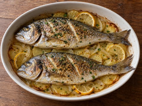 Besugo al Horno (doradă la cuptor cu cartofi și ceapă)