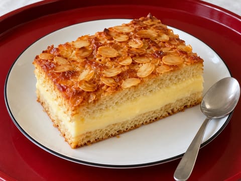 Bienenstich (Bolo alemão de mel e amêndoa com creme de baunilha) Bienenstich (Bolo alemão de mel e amêndoa com creme de baunilha)