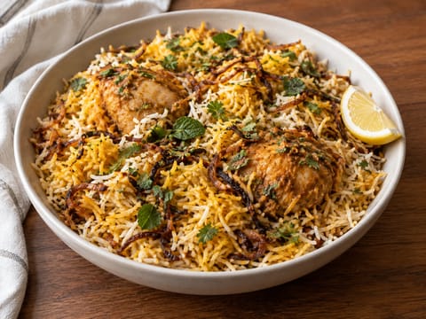 Hyderabadi Biryani (geschichteter würziger Reis) Hyderabadi Biryani (geschichteter würziger Reis)