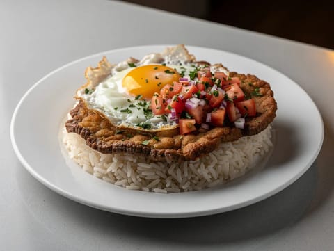 Silpancho (Boliviaans gepaneerd rundvlees met rijst en spiegelei)