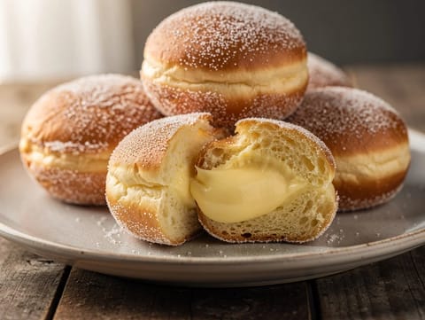 Bomboloni alla Crema (sonhos italianos com creme) Bomboloni alla Crema (sonhos italianos com creme)